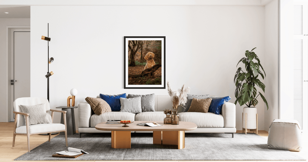 Large, framed image of a brown dog on the wall in a living room, taken by Alan Dukes Photography, dog photographer in Stoke